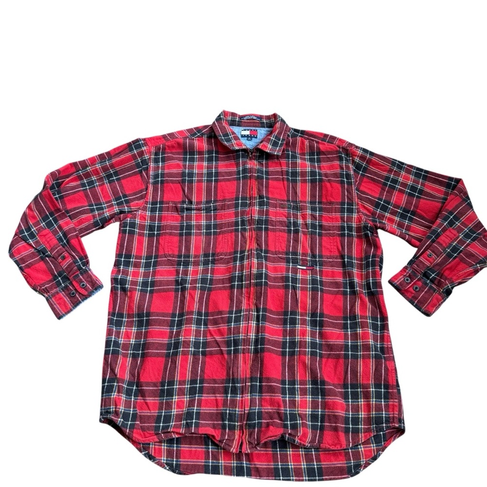 VTG Tommy Hilfiger Jeans 90s Flannel Shirt Jacket Zip Sz Medium Grunge READ